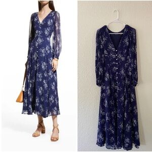 Polo Ralph Lauren Blue  Floral Print Chiffon Blouson Sleeve Maxi Dress